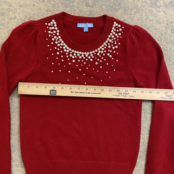 Draper James Sweater Womens XS Red Pearl Beaded Puff Sleeve Anthropologie - Picture 5 of 9